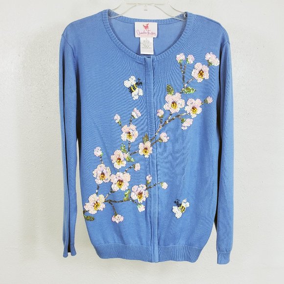 Quacker Factory Sweaters - Quacker Factory Women's Blue Floral Sequined Zip Knit Shirt Top Blouse Sweater